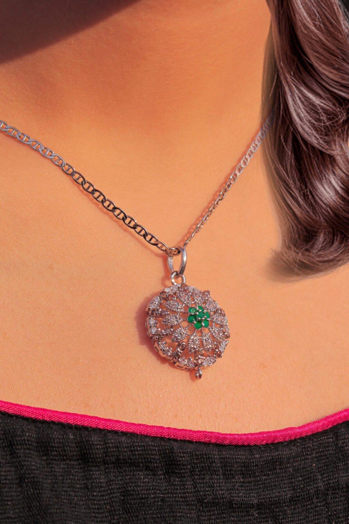 Blossom Round Halo Pendant in 925 Silver center green stones with rhodium plating