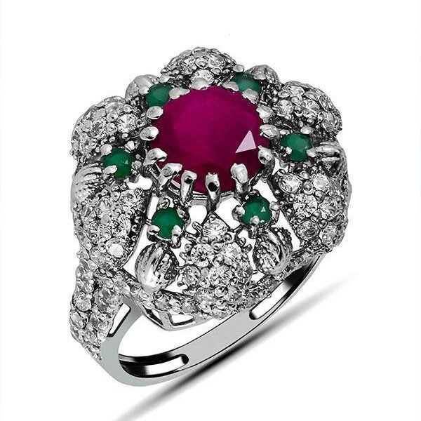 Discover Regal Cocktail Ring with a Floral Twist 7mm center gemstone & 1.75mm side stones handcrafted in 925 sterling silver with rhodium plating