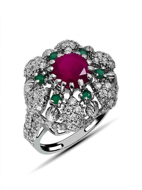 Discover Regal Cocktail Ring with a Floral Twist 7mm center gemstone & 1.75mm side stones handcrafted in 925 sterling silver with rhodium plating