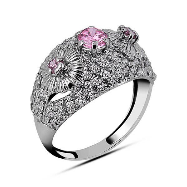 Shop Pavé Set Floral Dome Ring in silver 3mm Brilliant Zircon with rhodium plating