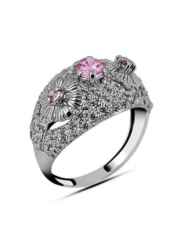 Shop Pavé Set Floral Dome Ring in silver 3mm Brilliant Zircon with rhodium plating