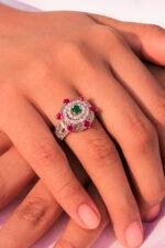 closeup Gem Cluster Ring 3mm gemstone with side accents crafted in 925 silver