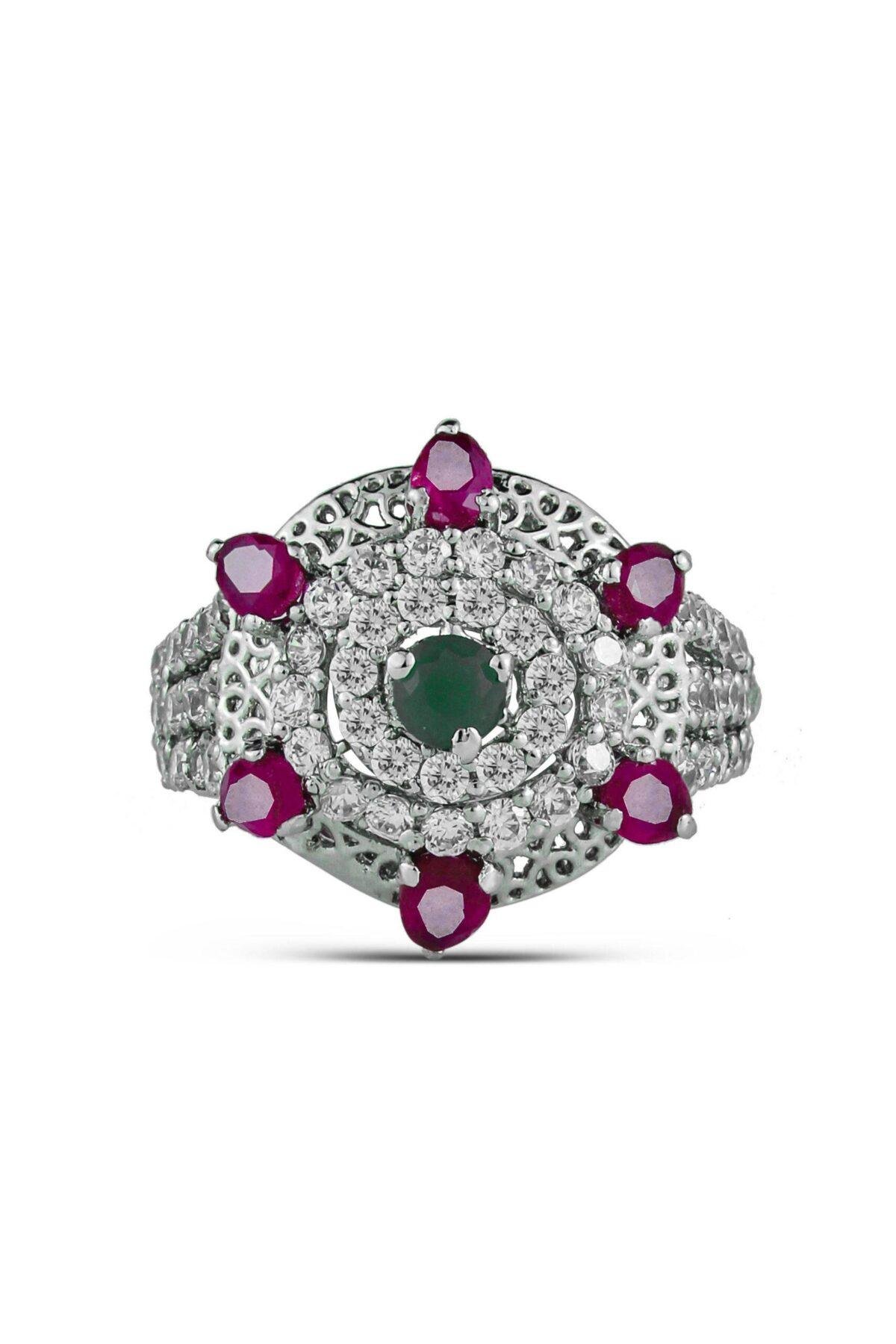 front look of the Gem Cluster Ring 3mm center gemstone & 3.5mm side stones handcrafted in 925 sterling silver with rhodium plating
