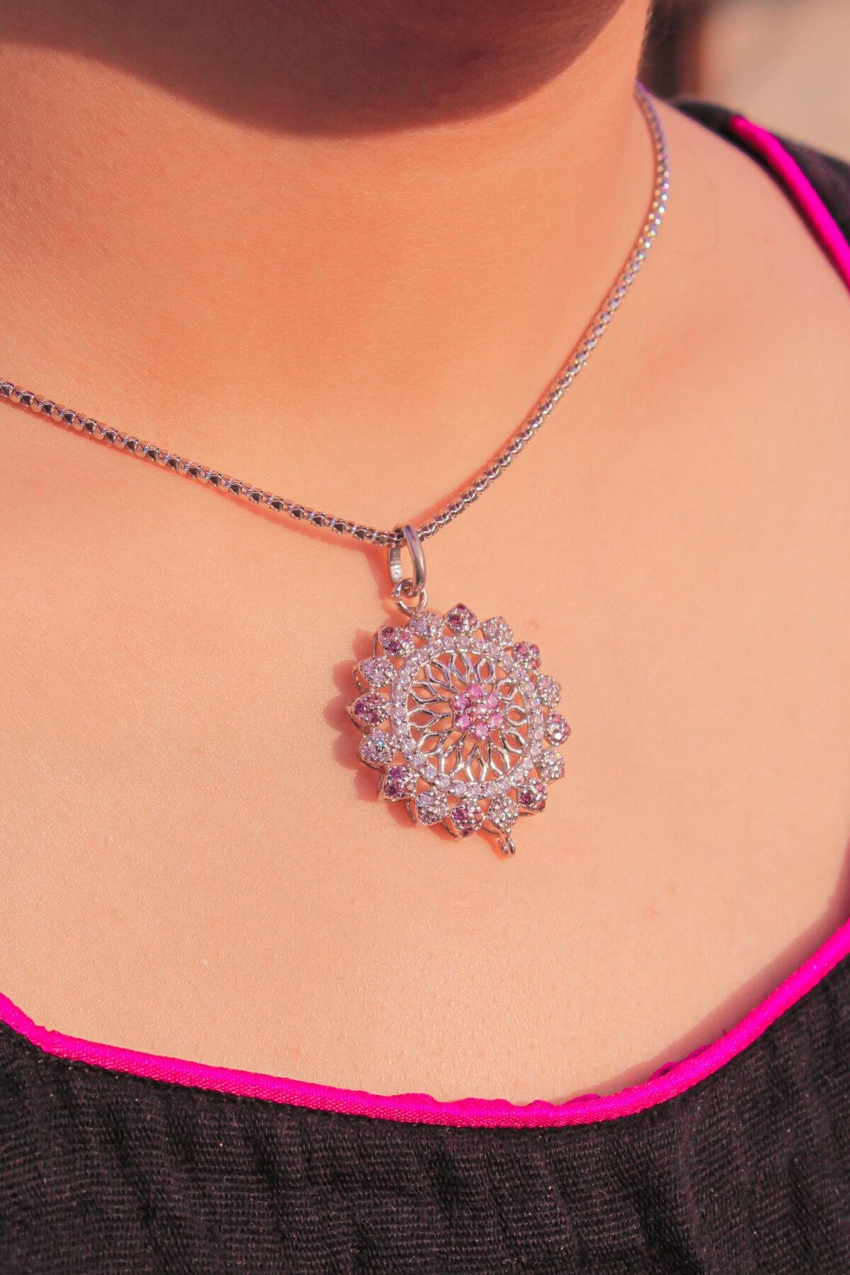 model wearing Radiant Blossom Halo Pendant 2mm center stones 925 silver with rhodium plating with ball chain