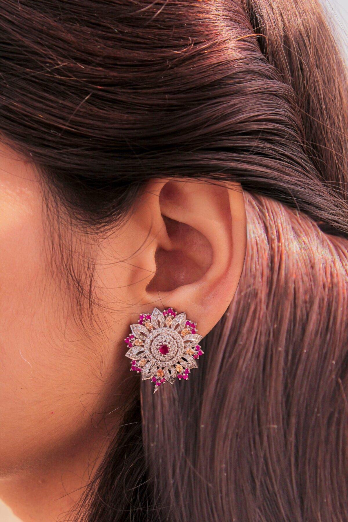 side view of model wearing Radiant Floral Burst Earrings 4mm center stone crafted in 925 silver