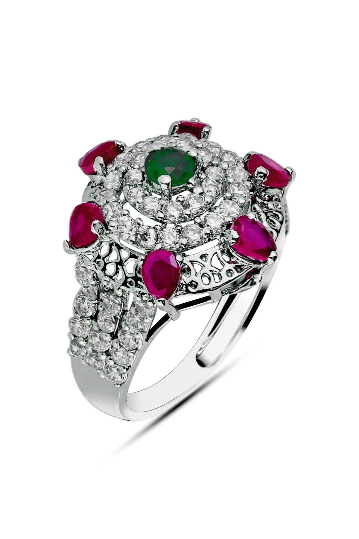 topside look of the Gem Cluster Ring 3mm center gemstone & 3.5mm side stones handcrafted in 925 sterling silver with rhodium plating