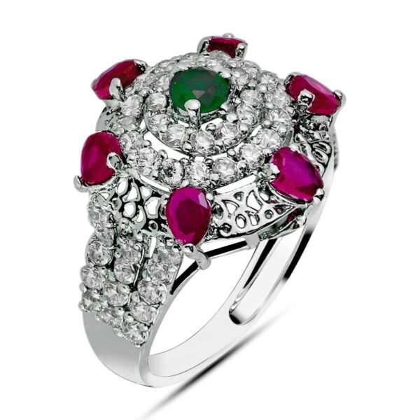 topside look of the Gem Cluster Ring 3mm center gemstone & 3.5mm side stones handcrafted in 925 sterling silver with rhodium plating