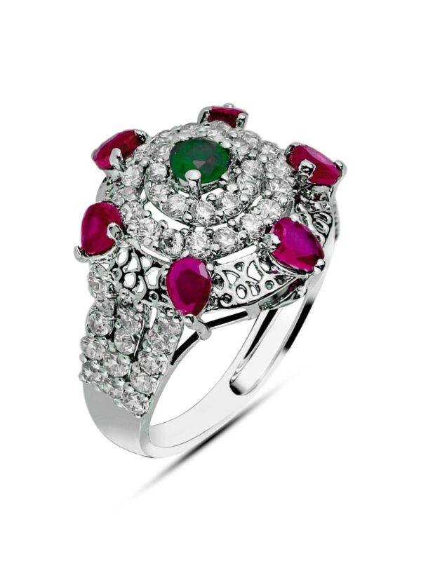 topside look of the Gem Cluster Ring 3mm center gemstone & 3.5mm side stones handcrafted in 925 sterling silver with rhodium plating