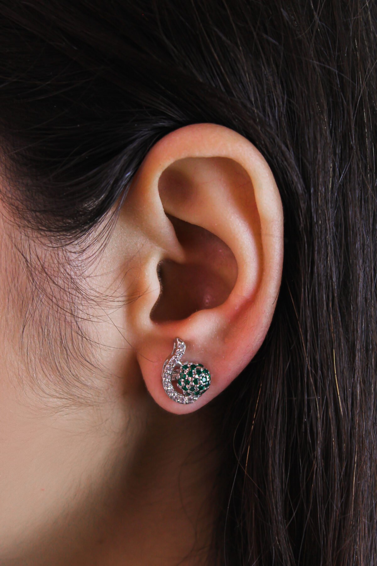 model wearing Enchanted Vine Earrings 1.50mm stones with Rhodium Plating & crafted in silver