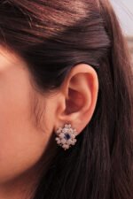 model wearing Enchanting Blossom Earrings 4mm center stone crafted in 925 silver