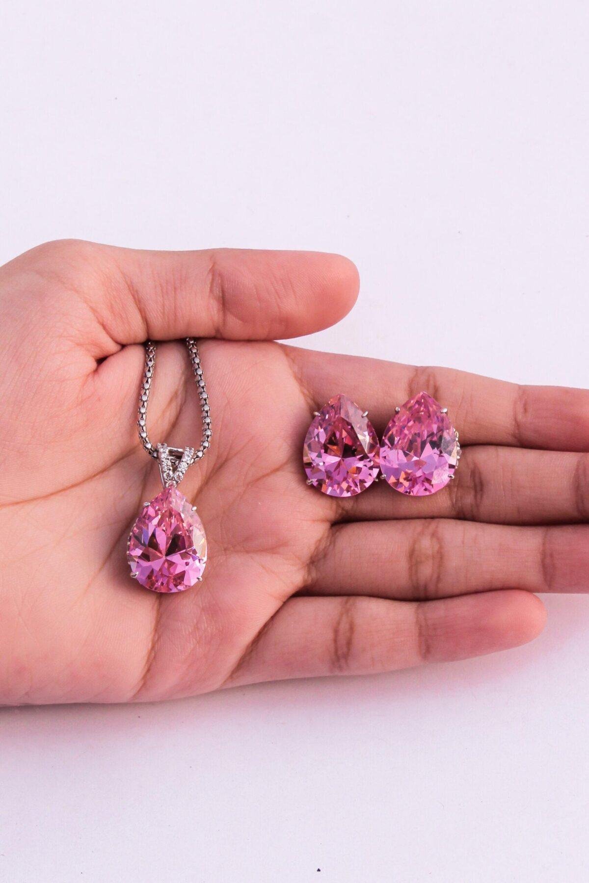 925 Silver Pear Drop Radiance Pendant Set 16mm stones rhodium plating and ball chain
