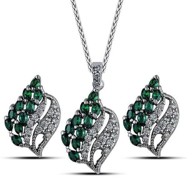 Buy Noufera’s Lush Verdure Emerald Pavé Leaf Pendant Set with ball chain
