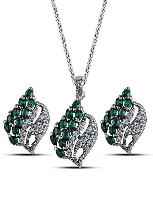 Buy Noufera’s Lush Verdure Emerald Pavé Leaf Pendant Set with ball chain