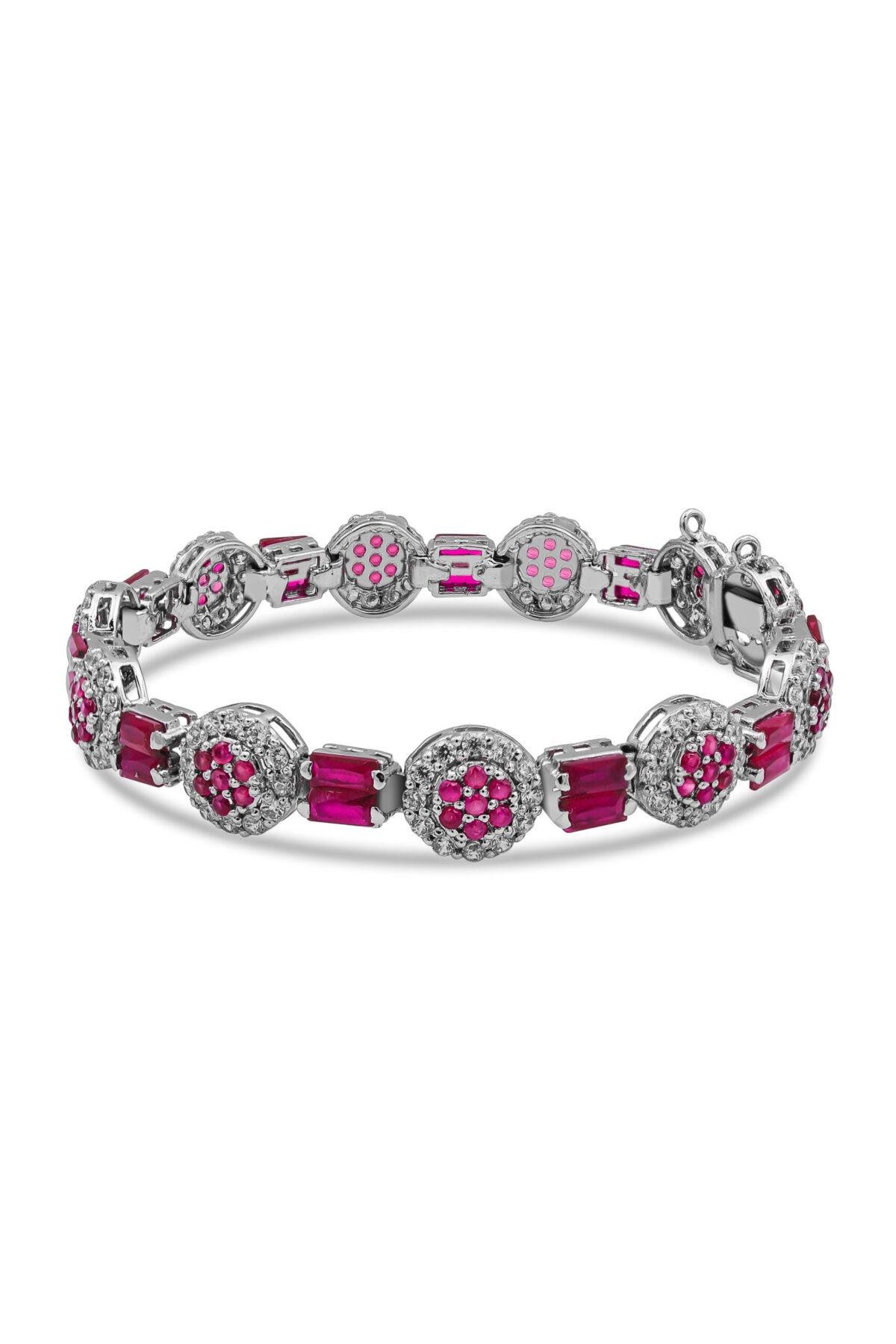 Deep Pinkish Crimson Glory Bracelet in a topdown position featuring 1.50mm center 1.75mm side & 2.5mm brackets stones