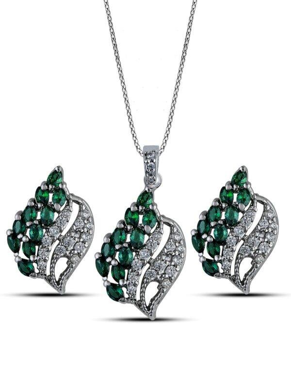 Noufera Lush Verdure Emerald Pavé Leaf Pendant Set