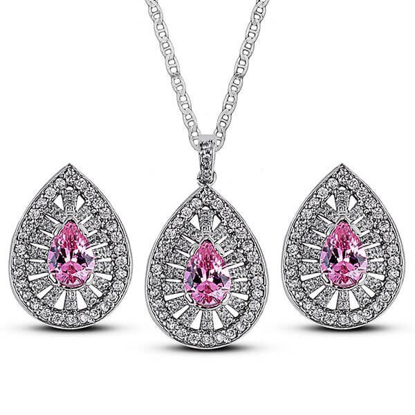 Shop our Radiant Teardrop 5mm Aureole Pendant Set with cable chain handcrafted in sterling silver featuring 5mm pink stone