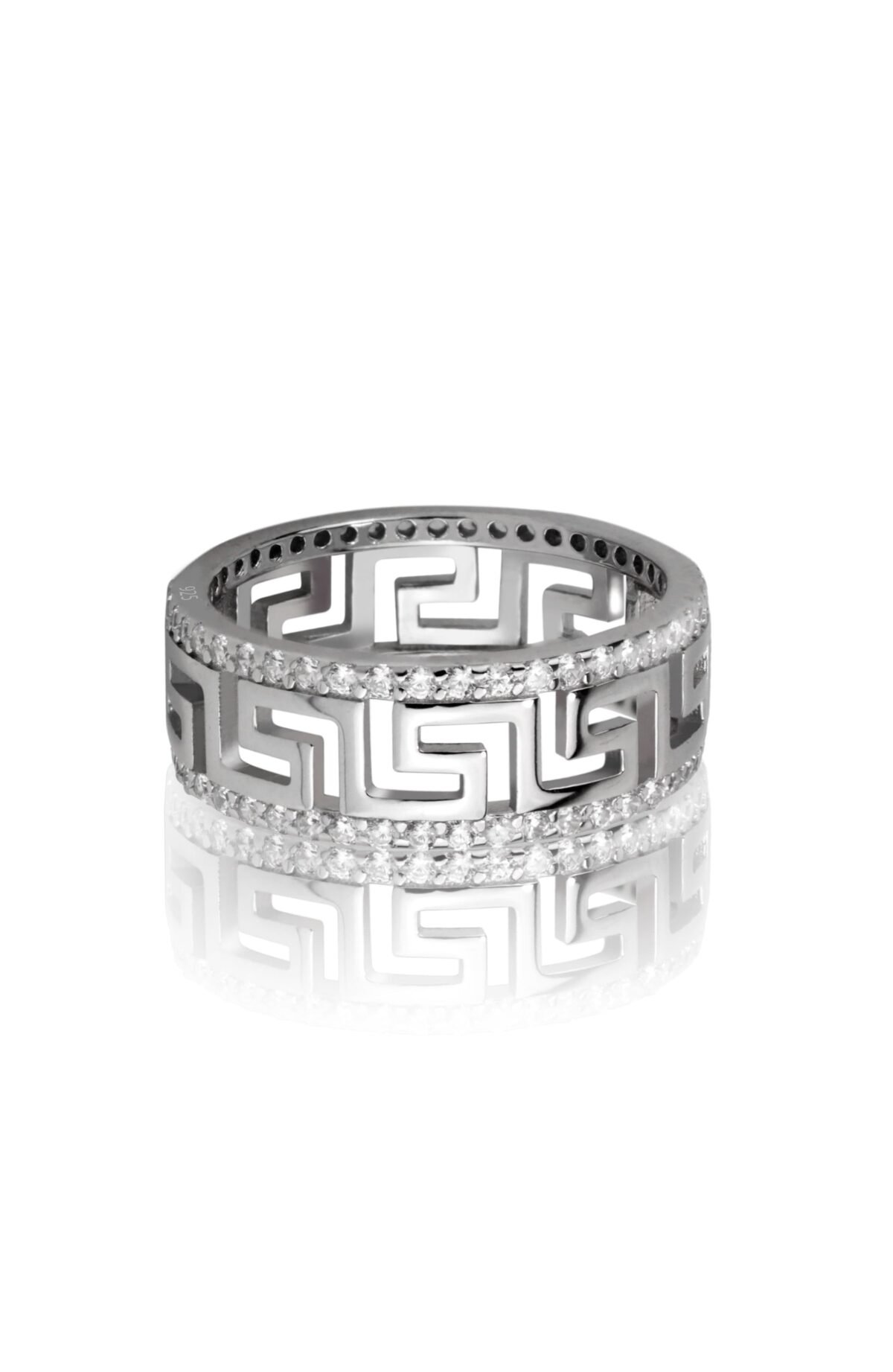 Greek Key Pattern Band in 925 sterling silver with side crystal assents