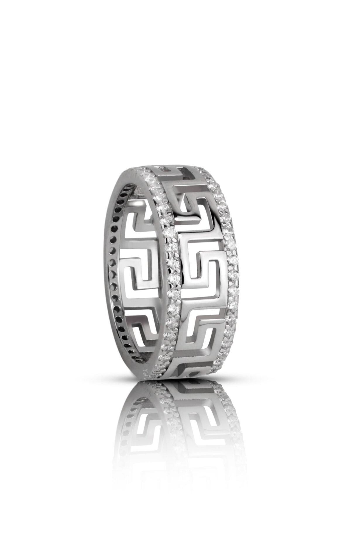 Greek Key Pattern Band in sterling silver with side crystal assents