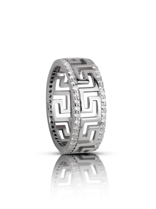 Greek Key Pattern Band in sterling silver with side crystal assents