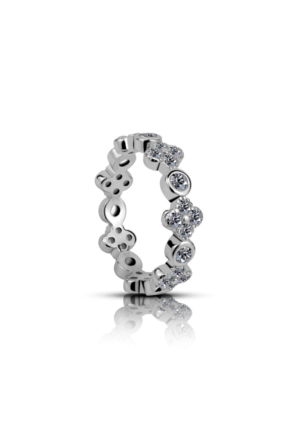 crystal floral cluster eternity band in sterling silver