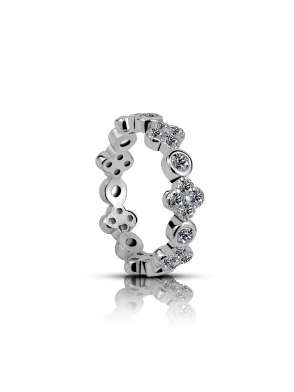 crystal floral cluster eternity band in sterling silver