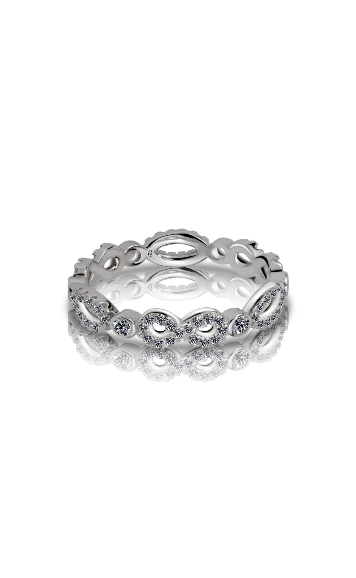Shop our beautiful sparkling infinity eternity band in sterling silver. Features interlocking infinity symbols with brilliant stone accents. Perfect symbol of endless love. Order today.