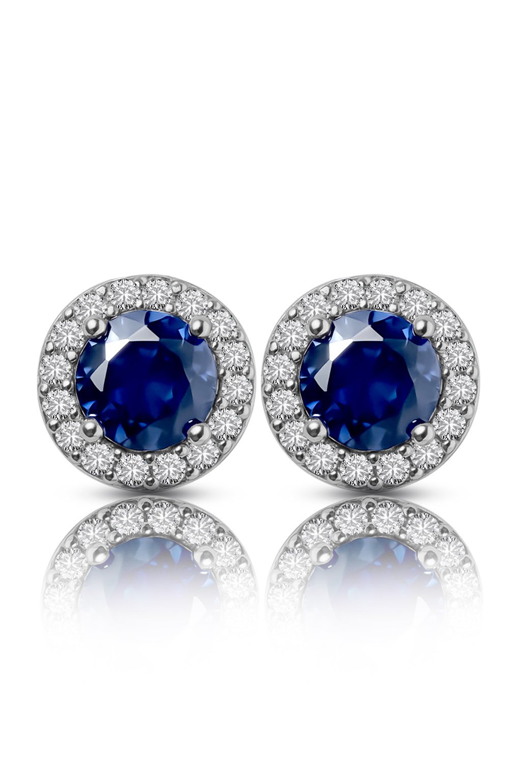 Blue Sapphire Halo Earrings in front face of the studs