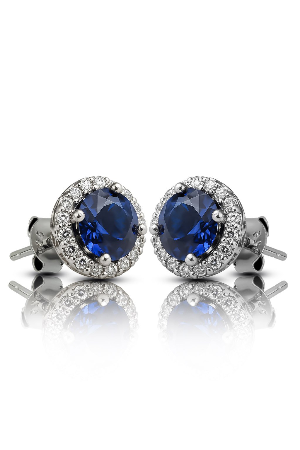 Blue Sapphire Halo Earrings in sterling silver with side faces