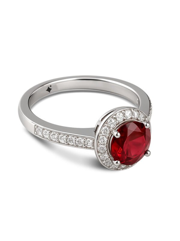 ruby halo engagement ring featuring center stones surrounding by diamonds